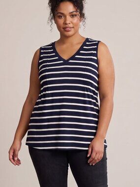 NWT | WIHOLL Navy Blue White Striped Pleated Shoulder V-Neck Sleeveless Tank Top